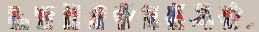 6+boys 6+girls absurdres arm_up arms_up back-to-back backpack backwards_hat bag bandana baseball_cap beanie bike_shorts black_hair black_legwear black_vest blue_eyes blue_jacket blue_pants boots breasts brendan_(pokemon) brown_footwear brown_hair bulbasaur buttons calem_(pokemon) capri_pants cardigan charmander chespin chikorita clenched_hand closed_eyes closed_mouth collared_shirt commentary_request copyright_name cyndaquil dab_(dance) dawn_(pokemon) denim denim_shorts dress duffel_bag eevee elio_(pokemon) ethan_(pokemon) eyewear_on_headwear fennekin fingerless_gloves fire flame-tipped_tail floral_print froakie gen_1_pokemon gen_2_pokemon gen_4_pokemon gen_5_pokemon gen_6_pokemon gen_7_pokemon gen_8_pokemon gloria_(pokemon) gloves green_headwear green_shorts grey_background grey_cardigan grey_headwear grookey hair_ornament hairclip hat highres hilbert_(pokemon) hilda_(pokemon) holding holding_poke_ball holding_pokemon index_finger_raised jacket kneeling leaf_(pokemon) litten long_hair long_image long_sleeves looking_back lucas_(pokemon) lyra_(pokemon) may_(pokemon) multiple_boys multiple_girls nate_(pokemon) nintendo on_head open_mouth oshawott overalls pants pantyhose pantyhose_under_shorts pikachu pink_bag pink_boots pink_dress piplup plaid pleated_skirt poke_ball poke_ball_(basic) pokemon pokemon_(creature) pokemon_bw pokemon_bw2 pokemon_dppt pokemon_frlg pokemon_hgss pokemon_on_head pokemon_on_leg pokemon_rse pokemon_sm pokemon_swsh pokemon_xy popplio red_(pokemon) red_bandana red_eyes red_footwear red_shirt red_skirt rosa_(pokemon) rowlet scorbunny selene_(pokemon) serena_(pokemon) shirt shoes short_sleeves shorts sidelocks skirt sleeveless sleeveless_shirt sleeves_rolled_up smile sneakers snivy sobble socks squirtle starter_pokemon_trio sunglasses tail tam_o&#039;_shanter teeth tepig thighhighs tied_shirt totodile turtwig twintails vest victor_(pokemon) visor_cap vs_seeker white_headwear white_shirt white_skirt wide_image wristband yuzuan zipper_pull_tab