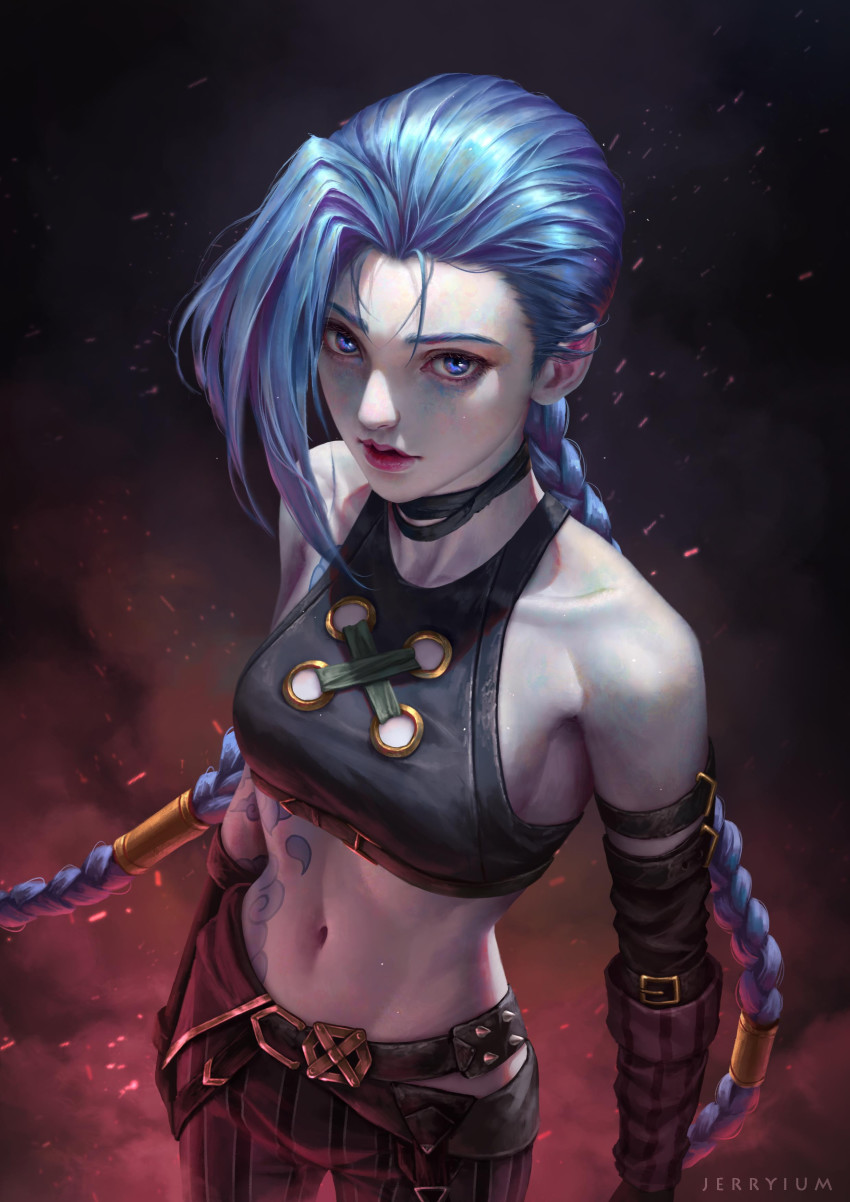 1girl absurdres arcane:_league_of_legends arcane_jinx bare_shoulders belt blue_eyes blue_hair braid breasts collarbone cowboy_shot highres jerry_loh jinx_(league_of_legends) league_of_legends long_hair looking_at_viewer midriff navel shadow small_breasts solo sparks tattoo twin_braids very_long_hair