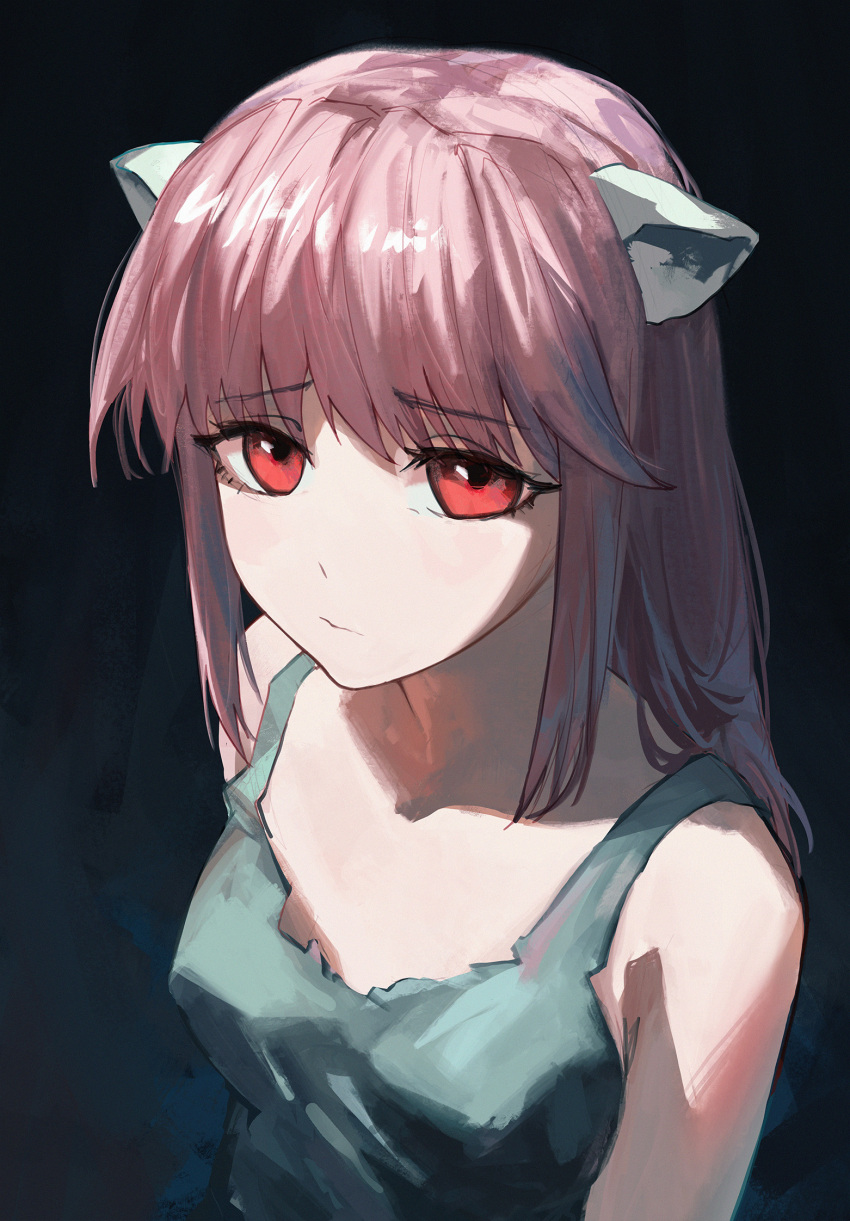 1girl black_background breasts commentary dress elfen_lied furrowed_brow green_dress highres horns kiqusha light_frown long_hair looking_at_viewer lucy_(elfen_lied) medium_breasts pink_hair red_eyes sidelocks solo upper_body