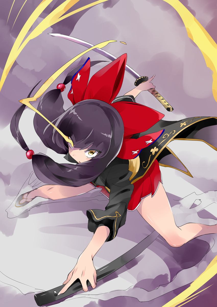 1girl black_hair chiganemaru_(tenka_hyakken) glowing glowing_eye highres holding holding_sword holding_weapon katana long_hair red_skirt skirt smoke solo sword tenka_hyakken usatsuka_eiji weapon yellow_eyes