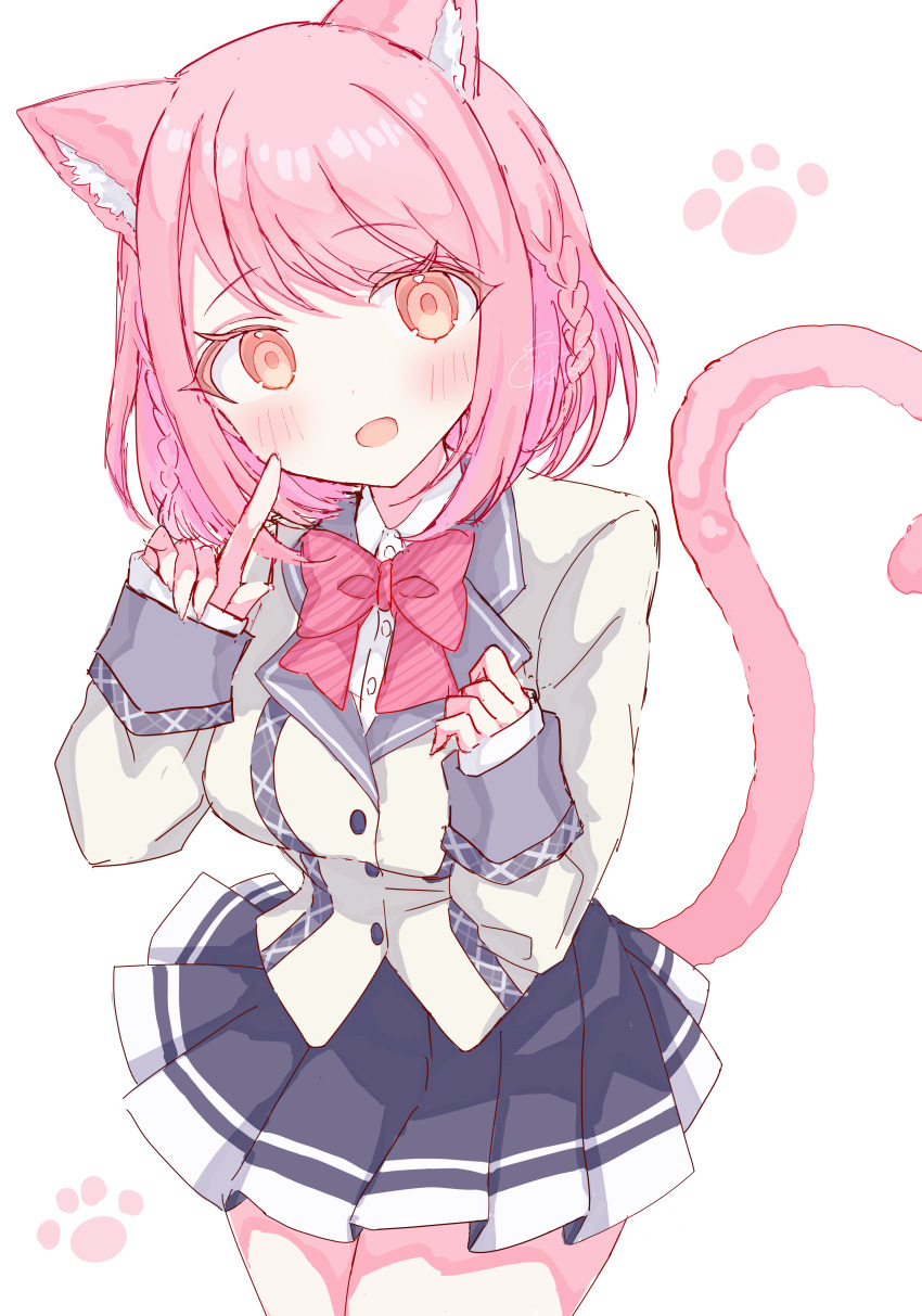 1girl :d absurdres animal_ears blush bow braid breasts cat_ears cat_tail highres hirame_(hi03ra) hoshizaki_akari jacket long_sleeves looking_at_viewer ongeki open_mouth pink_hair pleated_skirt shirt skirt sleeves_past_wrists smile solo striped_background tail white_background white_jacket white_shirt