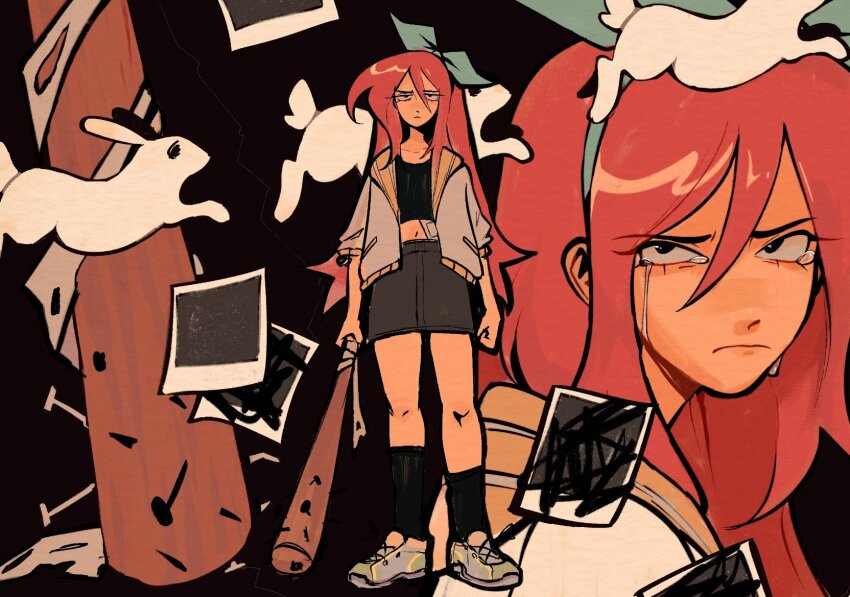 1girl aubrey_(faraway)_(omori) aubrey_(omori) baseball_bat black_socks closed_mouth collarbone crop_top crying crying_with_eyes_open darmicy denim denim_skirt hairband highres holding holding_baseball_bat jacket long_hair looking_at_viewer nail nail_(hardware) nail_bat navel omori photo_(object) pink_hair scribble skirt socks solo tears white_jacket