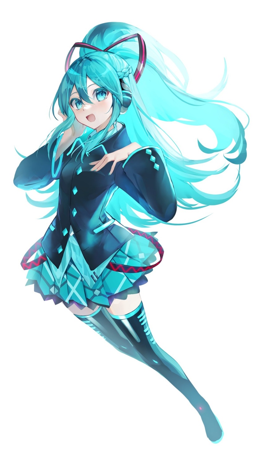 1girl :d aqua_eyes aqua_hair aqua_nails aqua_skirt black_boots black_jacket boots braid buttons collared_jacket collared_shirt colored_shoe_soles commentary diamond_button flipped_hair frilled_skirt frills from_side full_body hair_between_eyes hair_ribbon half_up_braid hand_on_own_cheek hand_on_own_chest hand_on_own_face hands_up hatsune_miku hatsune_miku_(if) high_ponytail highres jacket legs_together long_hair long_sleeves looking_at_viewer miniskirt murumuru_(pixiv51689952) nail_polish open_mouth pleated_skirt ponytail ribbon shirt sidelocks simple_background skirt smile solo thigh_boots thighhighs tongue vocaloid white_background zettai_ryouiki