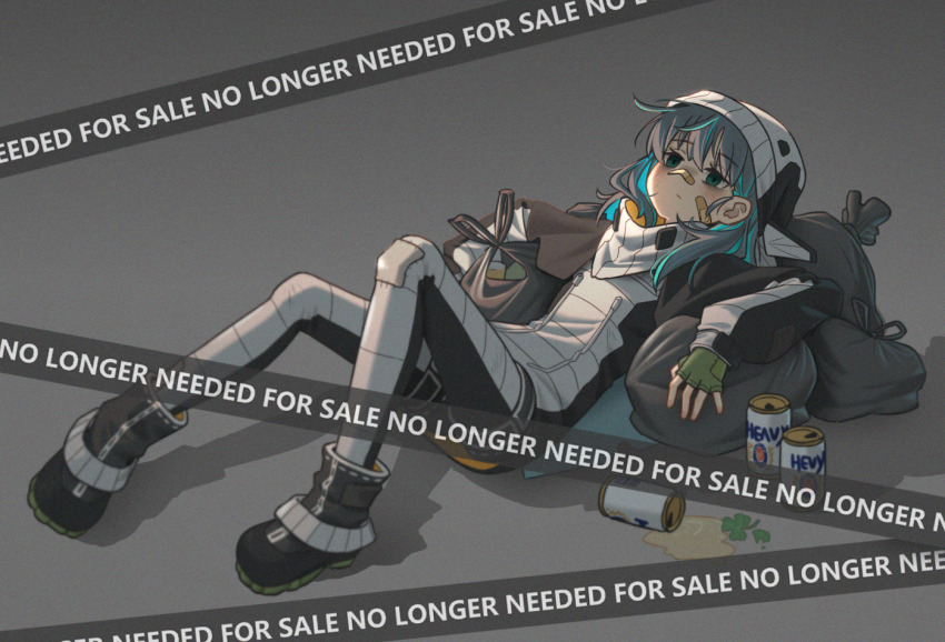 1girl aqua_hair bandaid bandaid_on_cheek bandaid_on_face bandaid_on_nose beer_can black_hat black_hoodie black_pants boots can drink_can expressionless hat hood hoodie humanization lying mecha_musume myvia_mokols on_back original pants patch personification solo spacex starship-chan trash trash_bag two-tone_hat two-tone_hoodie two-tone_pants white_hat white_hoodie white_pants