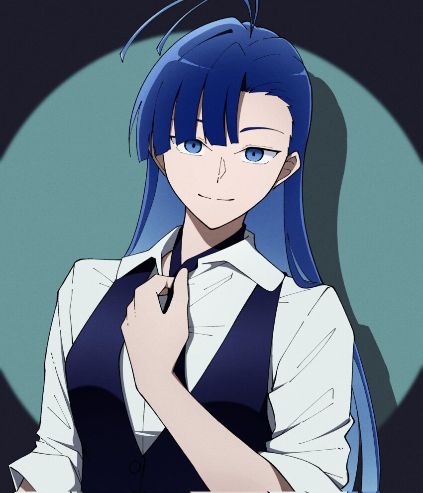 1girl ado_(utaite) ahoge blue_eyes blue_hair blue_vest closed_mouth collared_shirt commentary_request corrupted_twitter_file highres long_hair looking_at_viewer merry_(ado) neck_ribbon nori_(norinori_yrl) photo-referenced readymade_(ado) ribbon shirt solo spotlight vest white_shirt