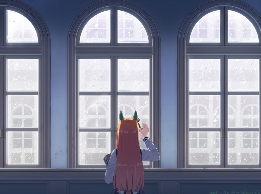 1girl animal_ears book clothing_cutout ear_covers facing_away from_behind holding holding_book horse_ears horse_girl horse_tail indoors long_hair long_sleeves orange_hair purple_shirt purple_skirt rain school_uniform shirt silence_suzuka_(umamusume) skirt solo standing tail tail_through_clothes takuzui tracen_school_uniform umamusume upper_body window