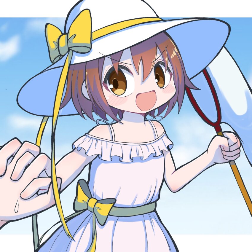 1girl 1other bow brown_eyes brown_hair butterfly_net commentary_request dress frills hand_net hat highres holding holding_butterfly_net holding_hands interlocked_fingers kill_me_baby mendakorice open_mouth oribe_yasuna smile spaghetti_strap sun_hat sundress v-shaped_eyebrows white_dress white_hat yellow_bow