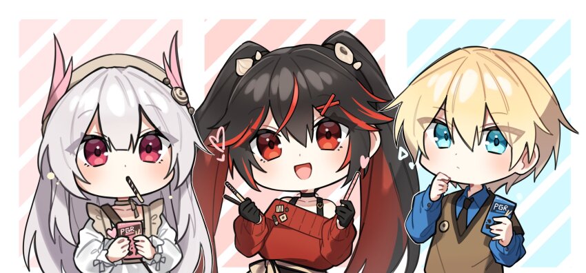 alternate_costume blonde_hair blue_eyes collar food gloves hair_ornament hairclip highres horns lee_(pgr) liv_(pgr) looking_at_viewer lucia_(pgr) multicolored_hair myam_(123ab456c) necktie pink_eyes pocky pocky_day punishing:_gray_raven red_eyes smile sweater sweater_vest two-tone_hair white_hair