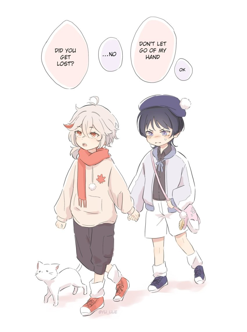 2boys ahoge alternate_costume animal_ears artist_name autumn_leaves bag baggy_pants beret black_eyes black_hair black_pants black_shirt blue_bow blunt_ends blush bow buttons cat cat_ears cat_tail collared_shirt colored_skin commentary crossed_bangs crying crying_with_eyes_open english_commentary english_text fox fox_ears genshin_impact gold grey_hair hair_between_eyes hat highres holding holding_hands jacket jewelry kaedehara_kazuha leaf leaf_print long_sleeves looking_to_the_side looking_up multicolored_hair multicolored_jacket multiple_boys no_mouth open_clothes open_jacket open_mouth pants pink_bag pocket pom_pom_(clothes) ponytail puffy_long_sleeves puffy_sleeves purple_bow purple_eyes purple_headwear purple_jacket red_eyes red_footwear red_hair red_scarf scaramouche_(genshin_impact) scarf shadow shirt shoes short_hair short_ponytail shorts simple_background sneakers socks speech_bubble sweater tail tears teeth tongue two-tone_bag two-tone_hair two-tone_jacket upset v-shaped_eyebrows walking wanderer_(genshin_impact) white_background white_bag white_footwear white_jacket white_shorts white_skin white_socks yae_miko yae_miko_(fox) yellow_sweater yu_uue