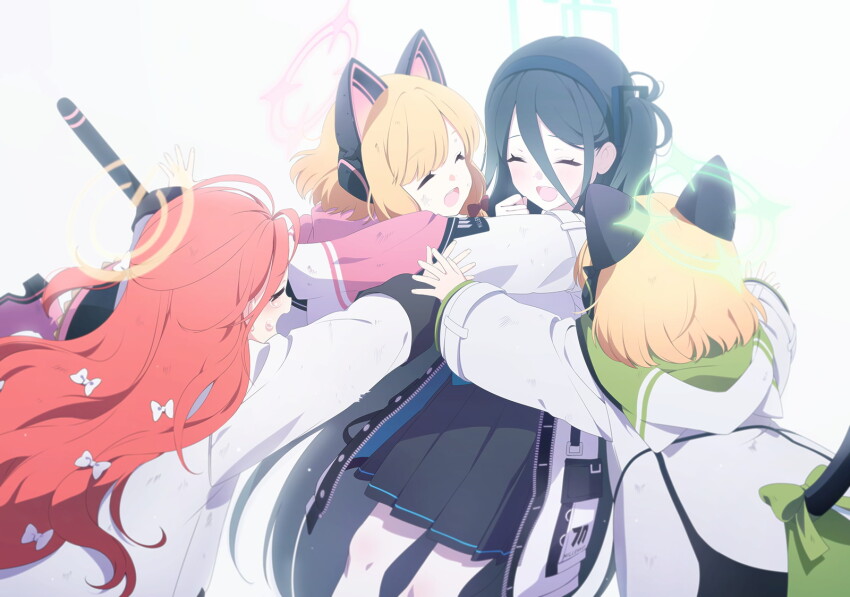 4girls animal_ear_headphones animal_ears aris_(blue_archive) black_hair black_hairband black_skirt blonde_hair blue_archive blush bow cat_ear_headphones cat_tail closed_eyes fake_animal_ears fake_tail game_cg game_development_department_(blue_archive) hair_between_eyes hair_bow hairband headphones highres hug jacket long_bangs midori_(blue_archive) momoi_(blue_archive) multiple_girls non-web_source official_art one_side_up open_mouth pleated_skirt red_hair skirt tail white_bow white_jacket yuzu_(blue_archive)