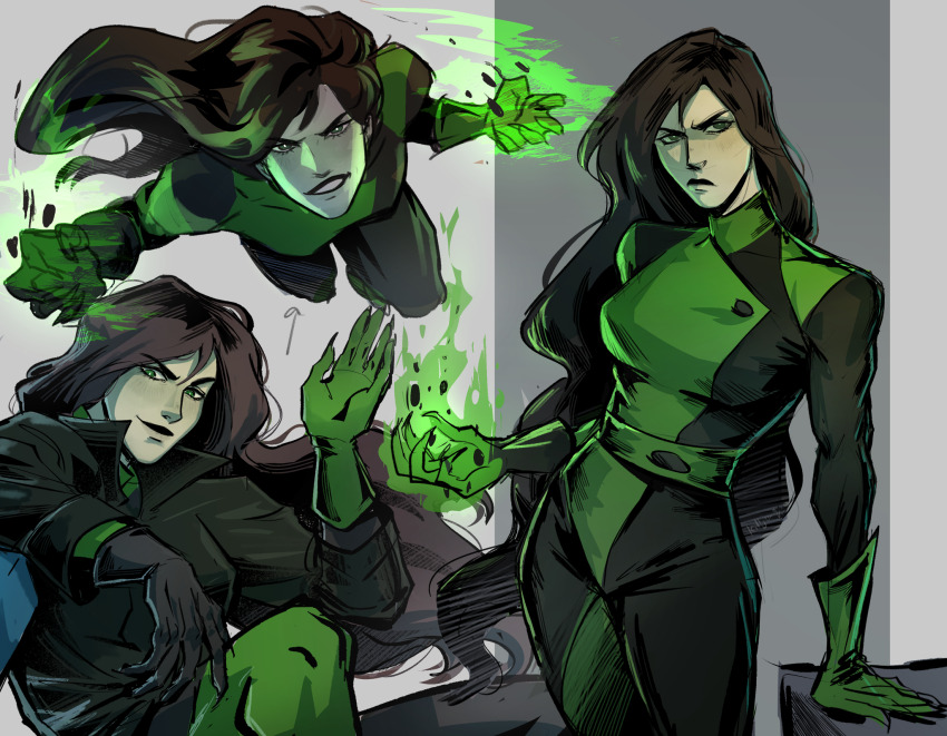 1girl asymmetrical_gloves black_bodysuit black_hair black_lips bodysuit breasts closed_mouth commentary english_commentary fire gloves green_bodysuit green_eyes green_fire grey_background highres jacket killjo-q kim_possible_(series) leather leather_jacket long_hair medium_breasts mismatched_gloves multicolored_bodysuit multiple_views shego simple_background sitting skin_tight smile smirk two-tone_bodysuit very_long_hair waving