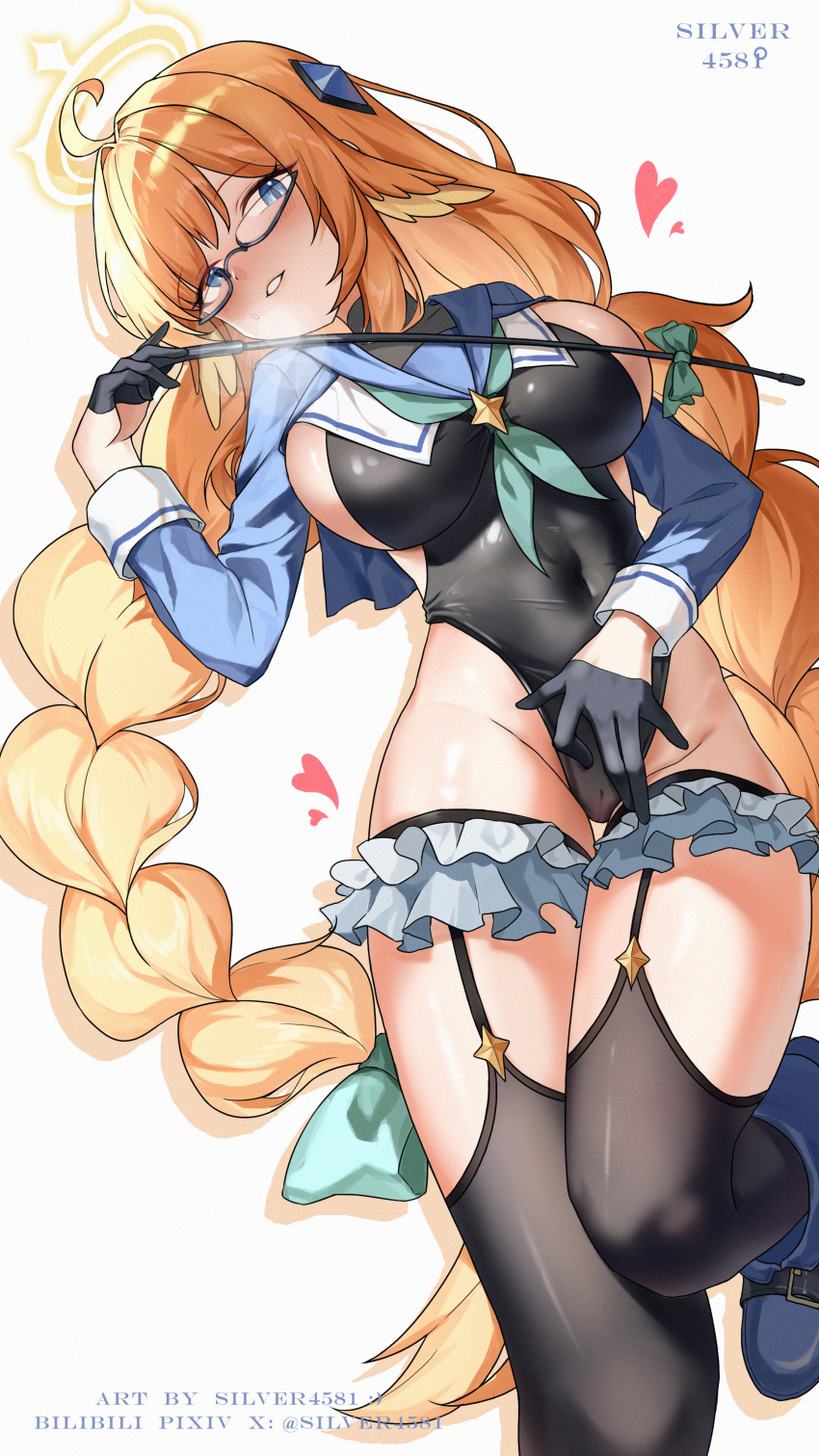 1girl absurdres ahoge artist_name black-framed_eyewear black_gloves black_leotard black_thighhighs blue_archive blue_eyes blue_sailor_collar blue_shrug bow braid breasts chinese_commentary commentary_request covered_navel covered_pussy dominatrix foot_out_of_frame frilled_thigh_strap glasses gloves green_bow green_neckerchief hair_bow hair_flaps hair_ornament half_gloves halo hand_up heart heattech_leotard heavy_breathing highres holding holding_riding_crop imminent_stomping impossible_clothes impossible_leotard large_breasts leg_up legwear_garter leotard long_hair long_sleeves looking_at_viewer low_twin_braids lying neckerchief on_back orange_hair parted_lips riding_crop sailor_collar semi-rimless_eyewear shimiko_(blue_archive) shimiko_(magical)_(blue_archive) shrug_(clothing) sidelocks silver4581 solo thigh_gap thigh_strap thighhighs turtleneck twin_braids twitter_username under-rim_eyewear very_long_hair white_background white_trim yellow_halo