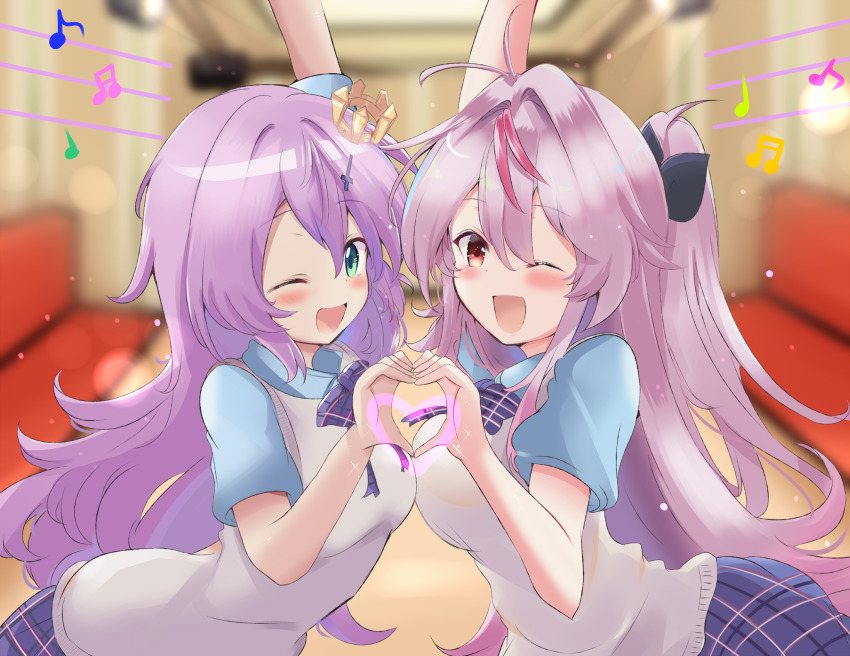;d alternate_costume arm_up azur_lane azur_lane:_slow_ahead blurry blush bow bowtie collared_shirt commentary_request cosplay crown depth_of_field green_eyes grenville_(azur_lane) hair_between_eyes hair_ornament hairclip heart heart_hands highres javelin_(azur_lane) javelin_(azur_lane)_(cosplay) javelin_(slow_ahead!)_(azur_lane) karaoke karaoke_box long_hair looking_at_viewer mini_crown multicolored_hair musical_note official_alternate_costume one_eye_closed one_side_up open_mouth plaid_clothes plaid_skirt pleated_skirt purple_hair red_eyes school_uniform shirt short_sleeves sidelocks skirt smile streaked_hair sweater_vest tonchinkan two-tone_hair vest