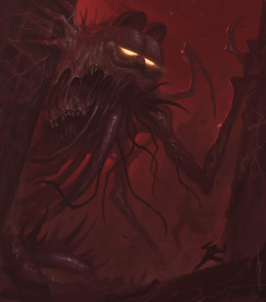 1other absurdres commentary diana_franco english_commentary garfield garfield_(character) highres horror_(theme) i&#039;m_sorry_jon_(meme) meme monster outdoors red_theme
