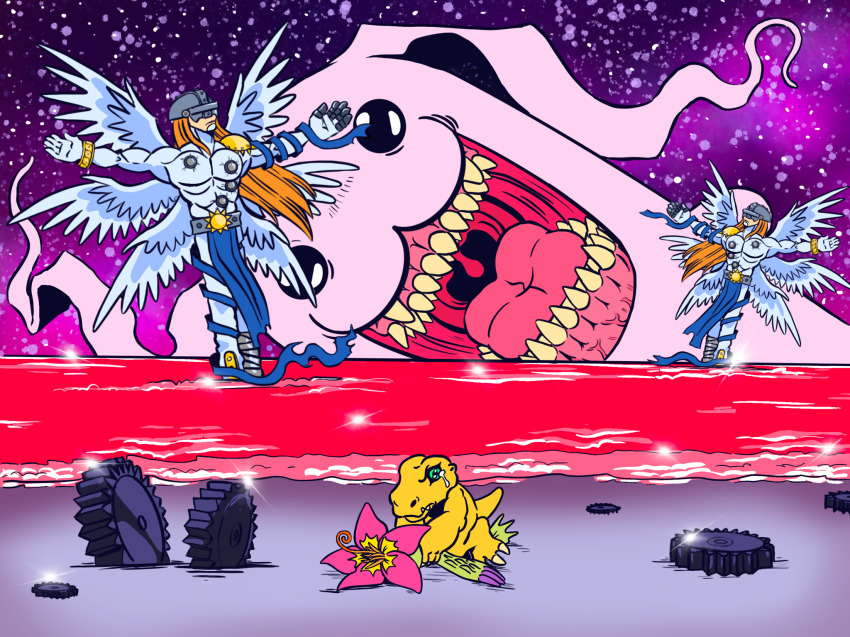 agumon angel digimon digimon_(creature) digimon_adventure flower highres looking_at_another monster_girl neon_genesis_evangelion palmon petals plant_girl sharp_teeth teeth the_end_of_evangelion thedumpzone tokomon