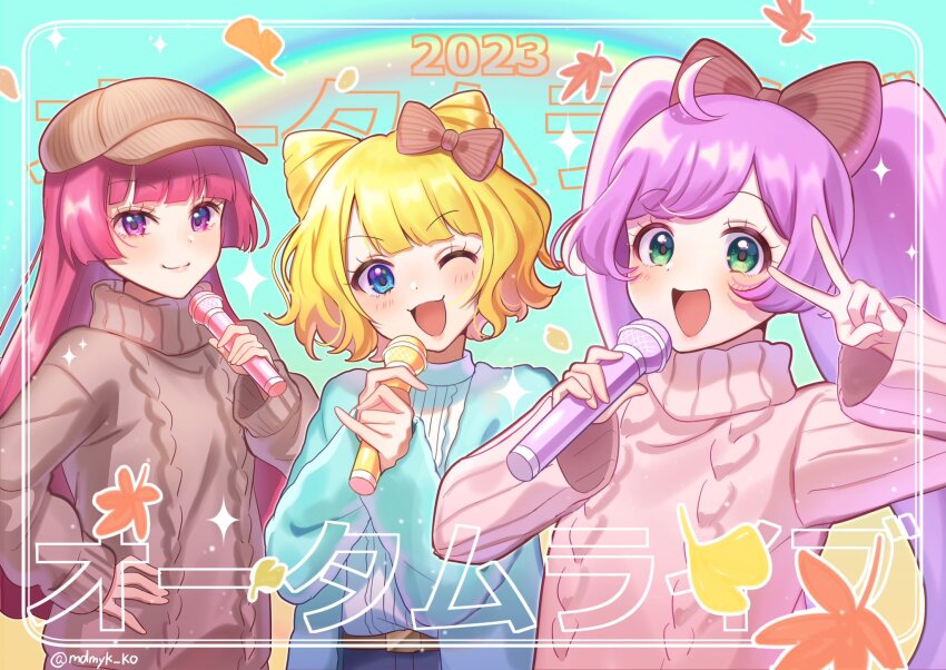 3girls :3 :d ;d ahoge autumn_leaves blonde_hair blue_background blue_cardigan blue_eyes blunt_bangs blush bow brown_bow brown_sweater cardigan commentary_request cone_hair_bun double_bun green_eyes hair_bow hair_bun hand_on_own_hip hand_up hands_up highres hojo_sophy holding holding_microphone leaf long_hair long_sleeves looking_at_viewer manaka_laala mendamen microphone minami_mirei multiple_girls one_eye_closed open_mouth pink_sweater pretty_series pripara purple_hair rainbow ribbed_sweater short_hair smile sweater translation_request twintails upper_body v very_long_hair white_sweater