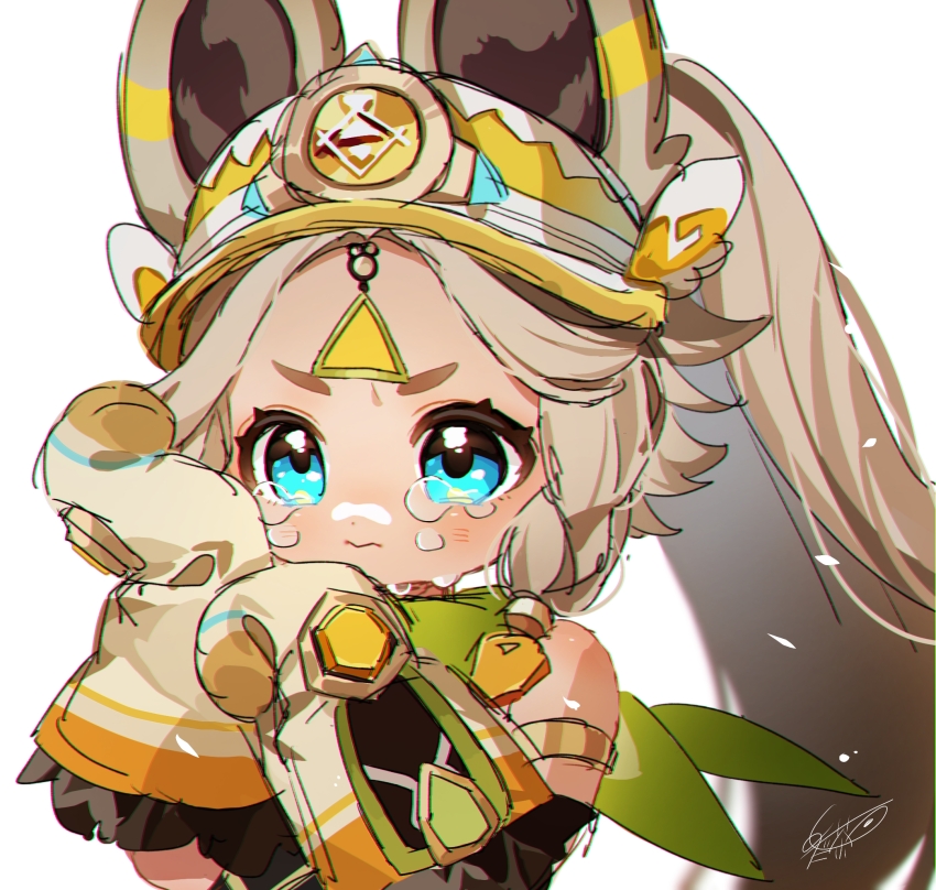 1girl animal_ears armlet artist_name bandana bare_shoulders blonde_hair blue_eyes blush braid brown_hair closed_mouth commentary_request crying crying_with_eyes_open fur-trimmed_mittens fur_trim genshin_impact gradient_hair green_bandana hands_up high_ponytail highres jewelry kachina_(genshin_impact) long_hair looking_at_viewer meda_cha mittens multicolored_hair parted_bangs ponytail short_eyebrows side_braids sidelocks signature simple_background solo tears thick_eyebrows upper_body v-shaped_eyebrows visor_cap wavy_mouth white_background white_mittens