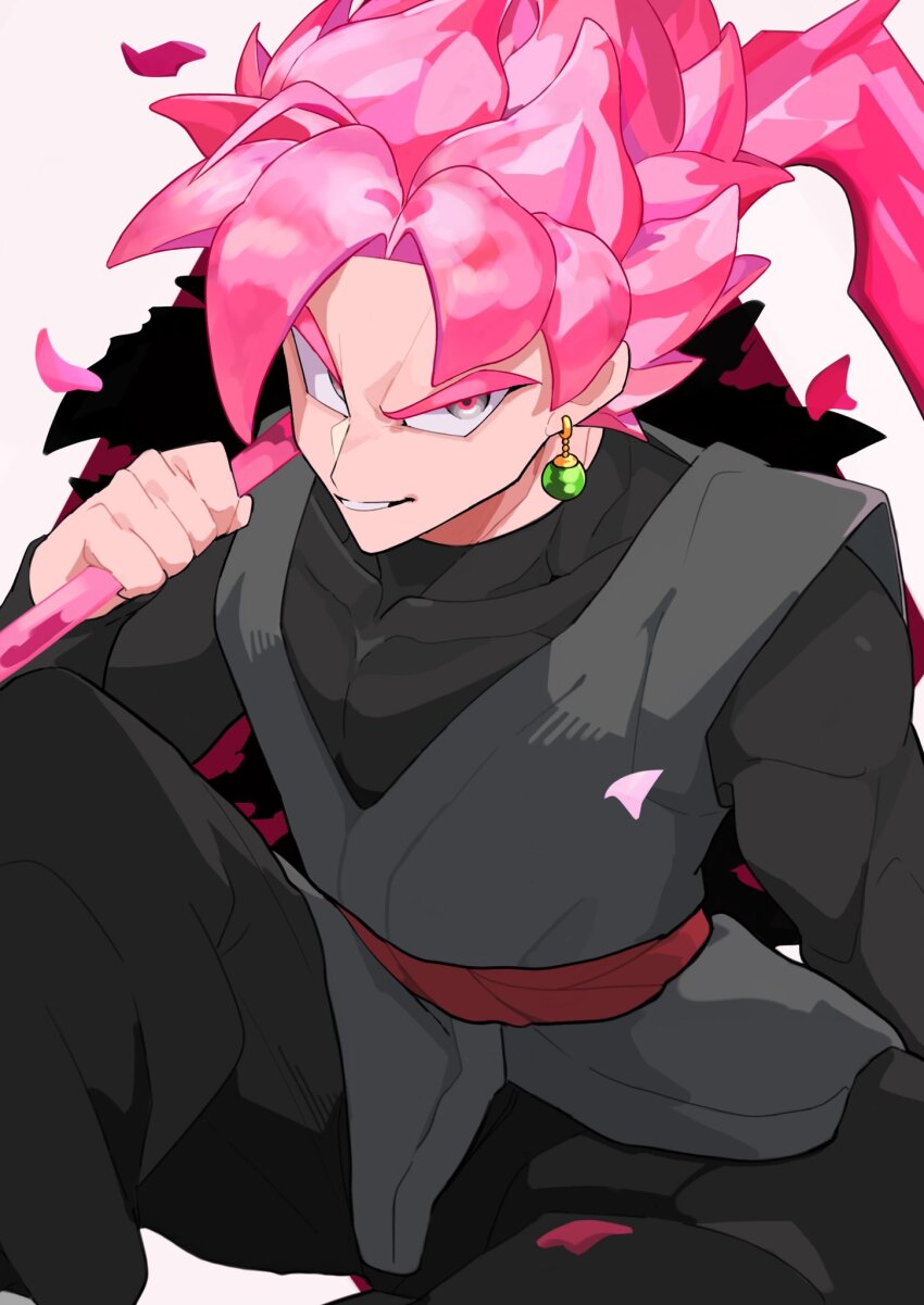 1boy black_pants black_shirt dougi dragon_ball dragon_ball_super earrings goku_black grey_hair grey_tunic highres holding holding_scythe jewelry male_focus pants pink_hair pink_pupils potara_earrings red_sash sash scythe shirofal028 shirt solo spiked_hair super_saiyan super_saiyan_rose tunic