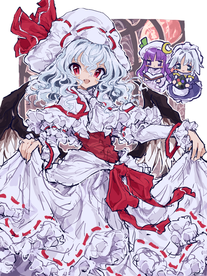 3girls apron ascot bat_wings beret blue_hair book bow braid capelet curiosities_of_lotus_asia curtsey dress fang frilled_capelet frilled_dress frills grey_hair hat hat_bow highres holding holding_book izayoi_sakuya long_hair looking_at_viewer maid maid_apron maid_headdress mugi_(mugimugi_9kv) multiple_girls open_mouth patchouli_knowledge pink_dress pink_hat purple_hair red_bow red_eyes red_sash remilia_scarlet sash short_hair skirt_hold solo_focus touhou twin_braids waist_apron white_ascot wings