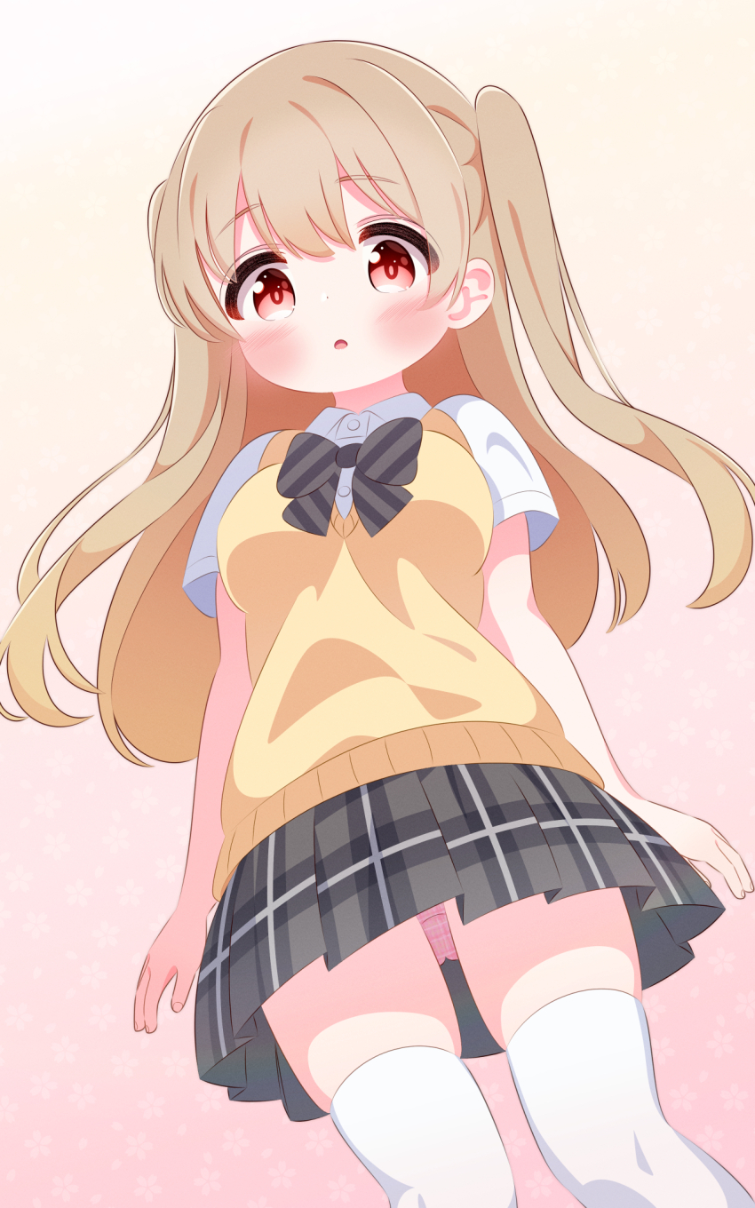 1girl black_bow black_bowtie black_skirt blush bow bowtie breasts brown_hair floral_background from_below highres long_hair looking_at_viewer medium_breasts minagi_koharu open_mouth panties panty_peek pink_background pink_panties plaid_clothes plaid_panties plaid_skirt r245 red_eyes school_uniform shirt short_sleeves skirt slow_loop standing striped_bow striped_bowtie striped_clothes sweater_vest thighhighs twintails underwear upskirt white_shirt white_thighhighs yellow_sweater_vest