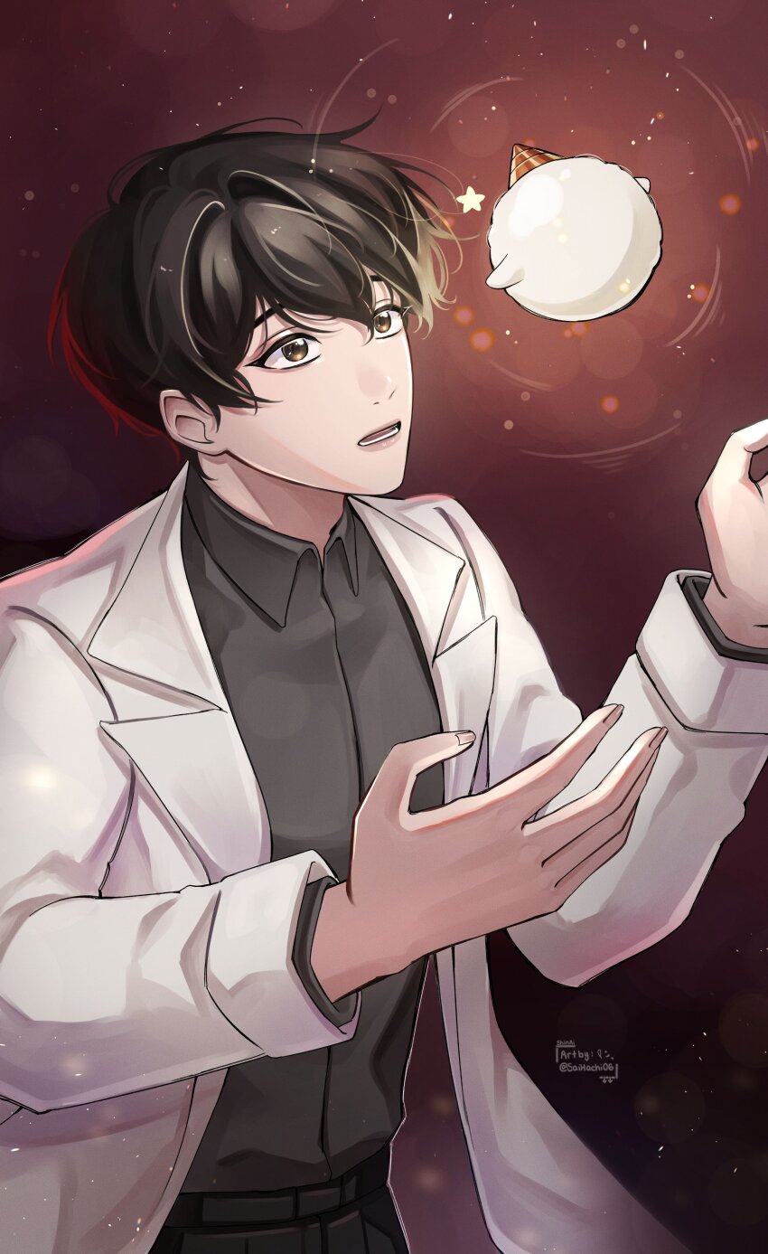 1boy :o absurdres animal biyoo_(omniscient_reader&#039;s_viewpoint) black_eyes black_hair black_shirt coat collared_shirt comic_panel_redraw commentary cowboy_shot derivative_work double-parted_bangs glowing hair_between_eyes hands_up highres kim_dokja light_particles male_focus omniscient_reader&#039;s_viewpoint open_clothes open_coat reaching reaching_towards_another saihachi06 shirt short_hair symbol-only_commentary white_coat wide-eyed