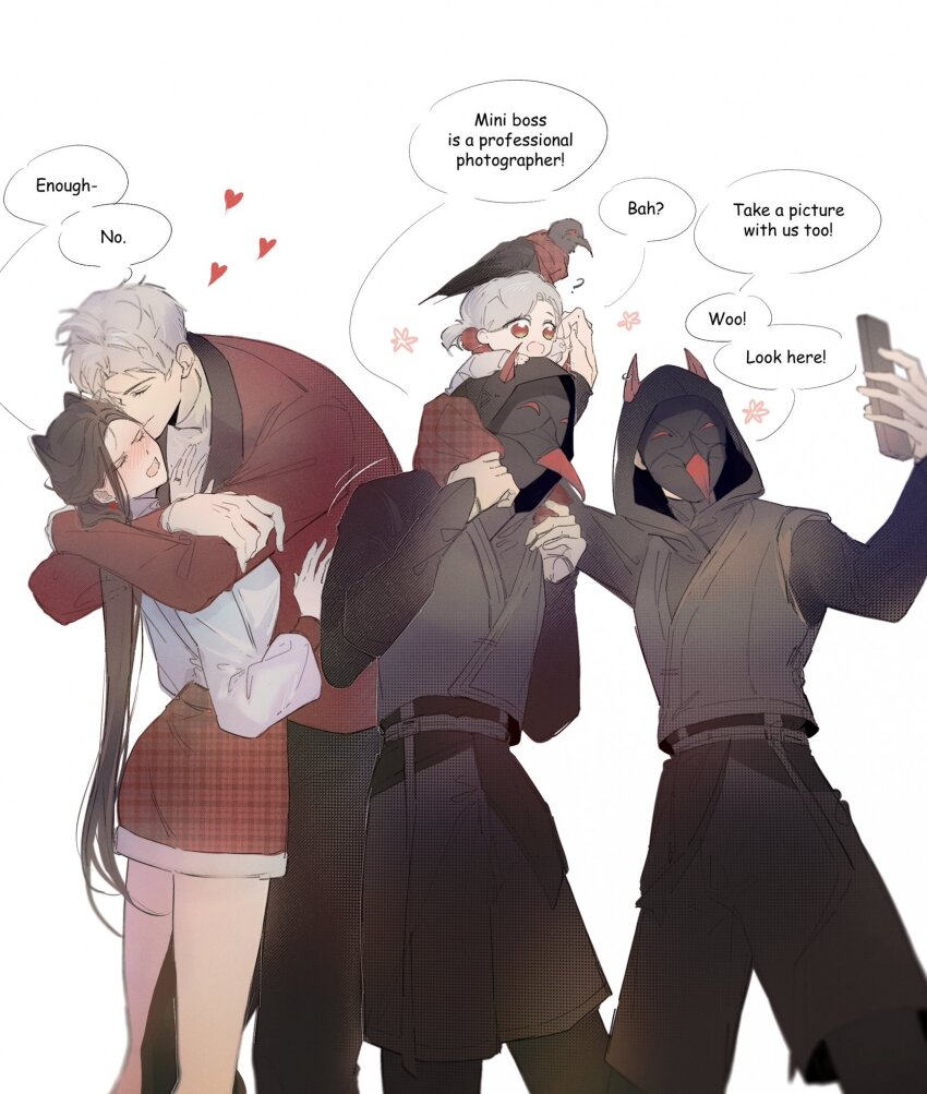 1other 2girls 3boys ? bird bird_mask black_bird blush brown_hair child closed_eyes crow eyelashes heart highres holding holding_phone hug kieran_(love_and_deepspace) long_hair love_and_deepspace luke_(love_and_deepspace) mask multiple_boys multiple_girls ng_ai0 open_mouth phone protagonist_(love_and_deepspace) red_eyes red_scarf red_skirt scarf shirt siblings skirt speech_bubble sylus_(love_and_deepspace) twins white_background white_shirt