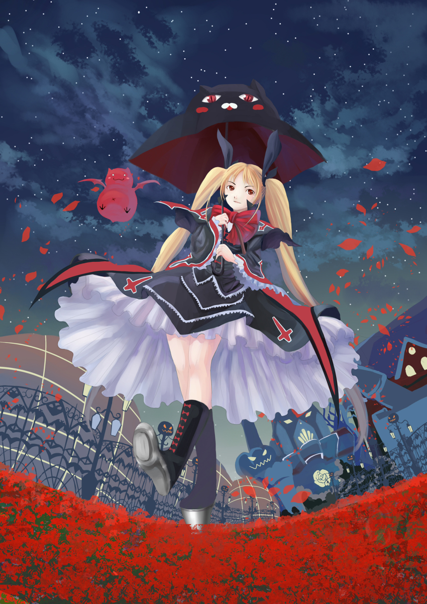1girl :3 arc_system_works blazblue blonde_hair blush_stickers female_focus gii highres long_hair nago platform_shoes rachel_alucard red_eyes shoes smile solo tobu_kuriimu twintails