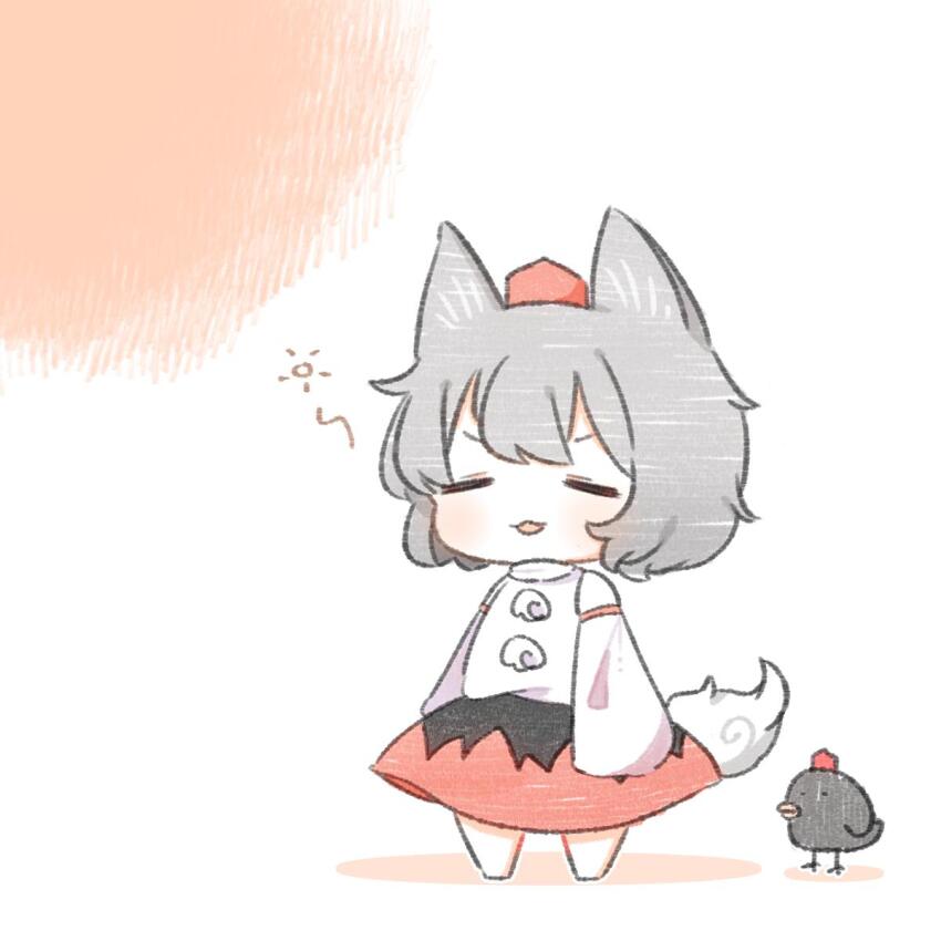 1girl animal_ears black_skirt chibi closed_eyes commentary_request full_body grey_hair hat highres inubashiri_momiji kurotaro long_sleeves medium_hair open_mouth pom_pom_(clothes) red_headwear shameimaru_aya shameimaru_aya_(crow) shirt simple_background skirt tail tokin_hat touhou v-shaped_eyebrows white_background white_shirt wide_sleeves