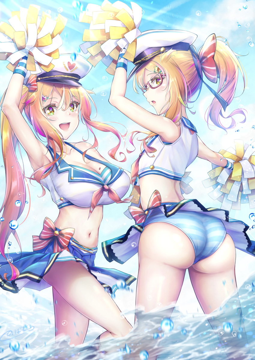 1boy 1girl ass bare_shoulders blonde_hair blush breasts brother_and_sister crossdressing from_behind glasses hair_ornament hairclip hat highres huge_ass large_breasts long_hair looking_at_viewer looking_back miniskirt natsusora_aona natsusora_wakana novady open_mouth original panties pom_pom_(cheerleading) ponytail sailor shiny_skin siblings skirt smile striped_clothes striped_panties trap twins underwear very_long_hair water wet wet_hair yellow_eyes