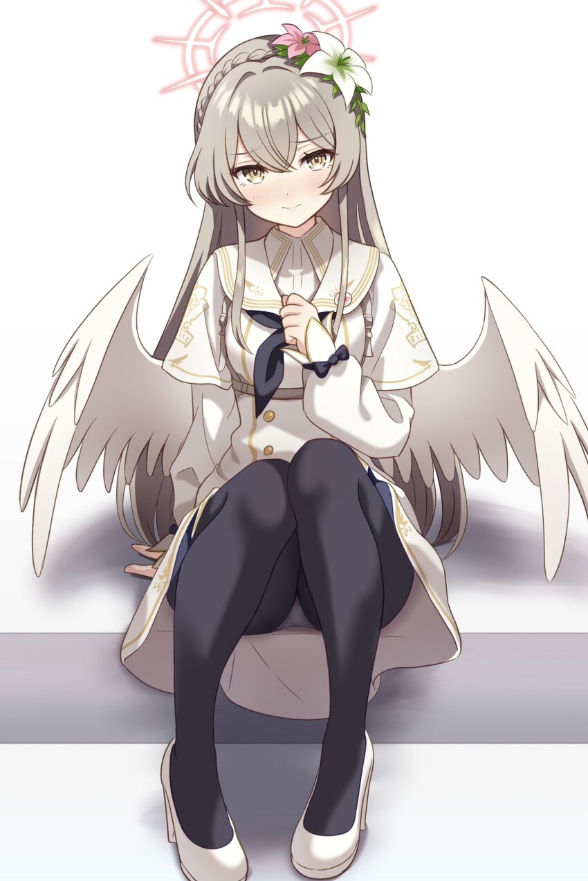 1girl black_pantyhose blue_archive blush brown_eyes brown_hair closed_mouth dress flower full_body gesupi_(provlemsolver57) hair_flower hair_ornament halo high_heels highres long_sleeves looking_at_viewer nagisa_(blue_archive) pantyhose pink_flower red_halo shoes sitting solo white_dress white_flower white_shoes white_wings wings
