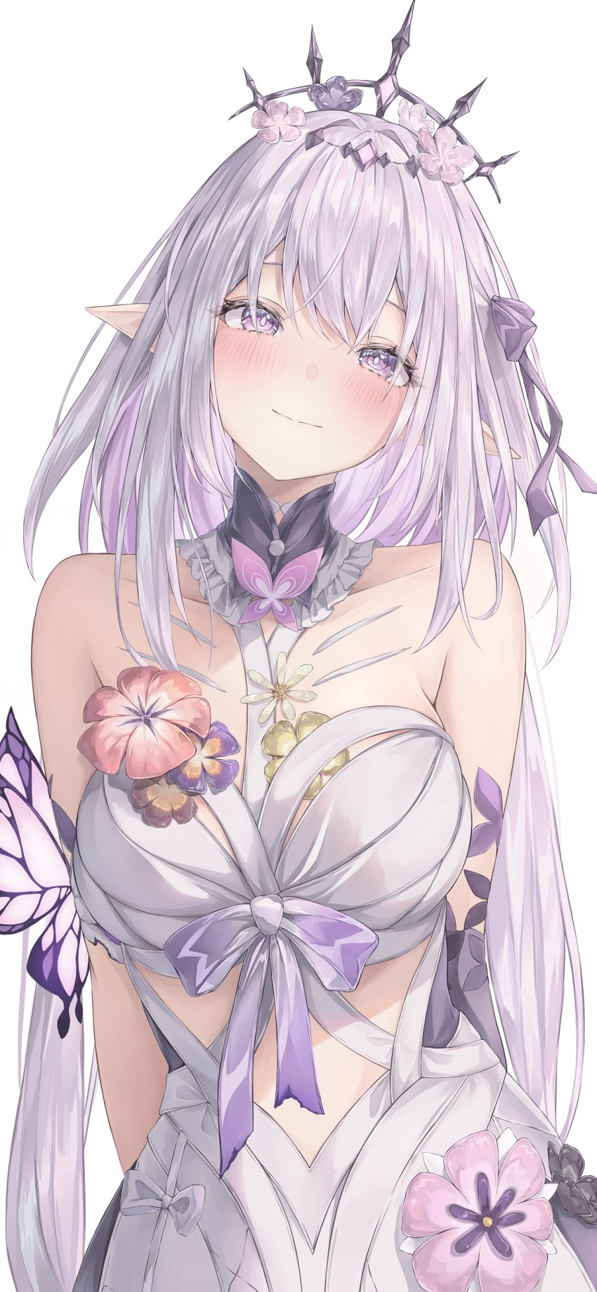 1girl absurdres arms_behind_back bare_shoulders black_tiara blush breasts bug butterfly castorice_(honkai:_star_rail) closed_mouth collarbone commentary_request flower hair_between_eyes hair_flower hair_ornament highres honkai:_star_rail honkai_(series) insect large_breasts long_hair looking_at_viewer mizuasagi35181 pink_flower port purple_butterfly purple_eyes purple_flower red_flower simple_background smile solo tiara upper_body very_long_hair white_background
