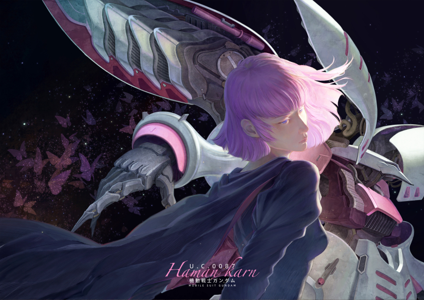 1girl absurdres bug butterfly cape character_name commentary_request gundam haman_karn highres insect machinery mecha mobile_suit neo_zeon pink_hair qubeley realistic robot science_fiction user_dfcp2845 zeta_gundam