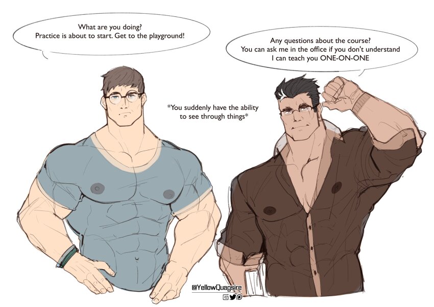 2boys abs bara blue_shirt book brown_shirt darius_(league_of_legends) garen_(league_of_legends) glasses hands_on_own_hips highres holding holding_book league_of_legends male_focus masa_yawara_(yellow) multiple_boys muscular muscular_male nipples pectorals scar scar_across_eye scar_on_face see-through_clothes see-through_shirt shirt simple_background