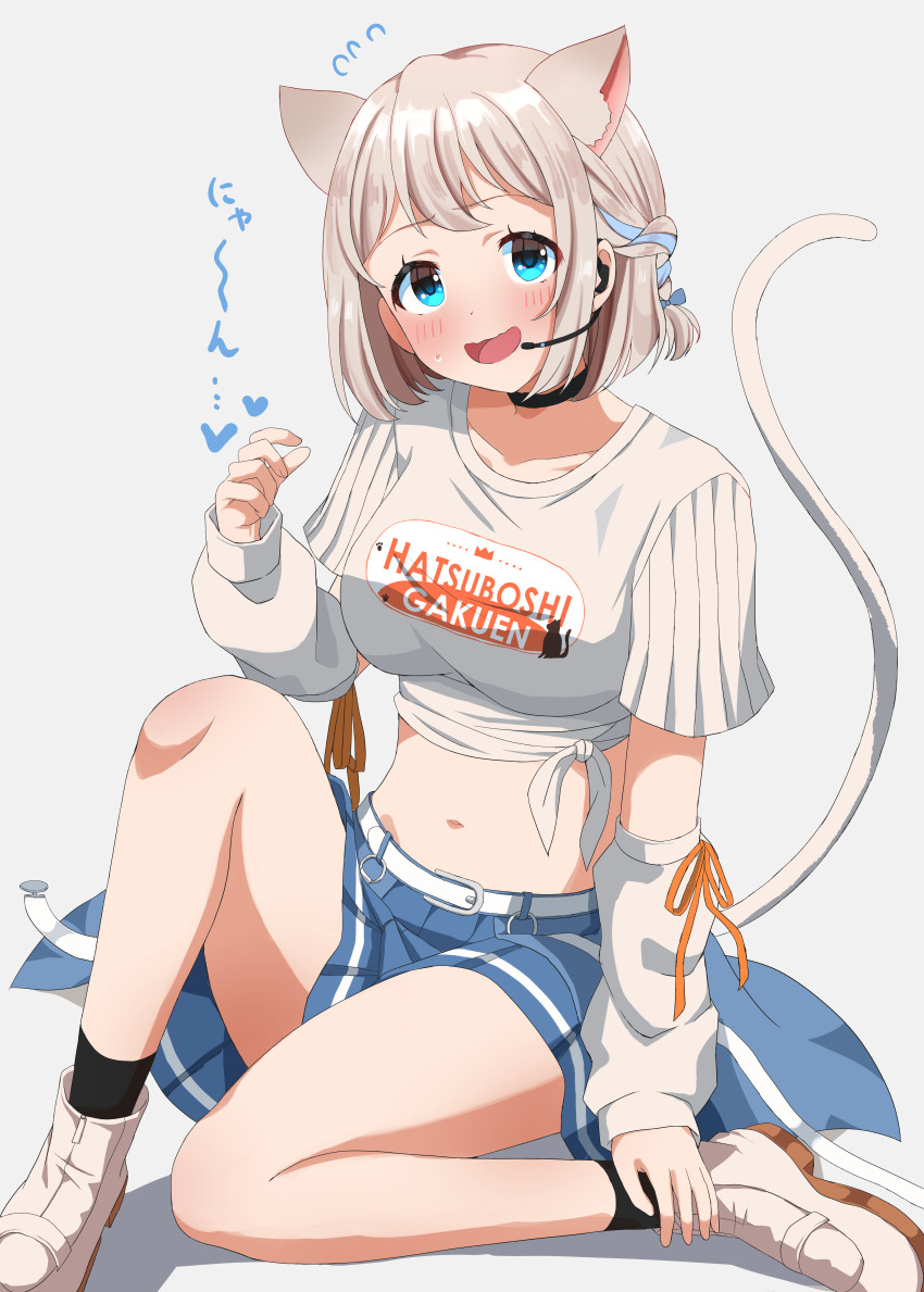 1girl absurdres animal_ears black_choker blue_eyes blue_ribbon blue_skirt blush braid cat_ears cat_girl choker detached_sleeves gakuen_idolmaster grey_background grey_hair grey_shirt hair_ribbon half_up_braid haruki_(haruki678) headset heart highres idolmaster katsuragi_lilja kemonomimi_mode midriff navel pleated_skirt print_shirt ribbon ribbon_braid shirt short_hair short_sleeves simple_background sitting skirt smile solo tied_shirt