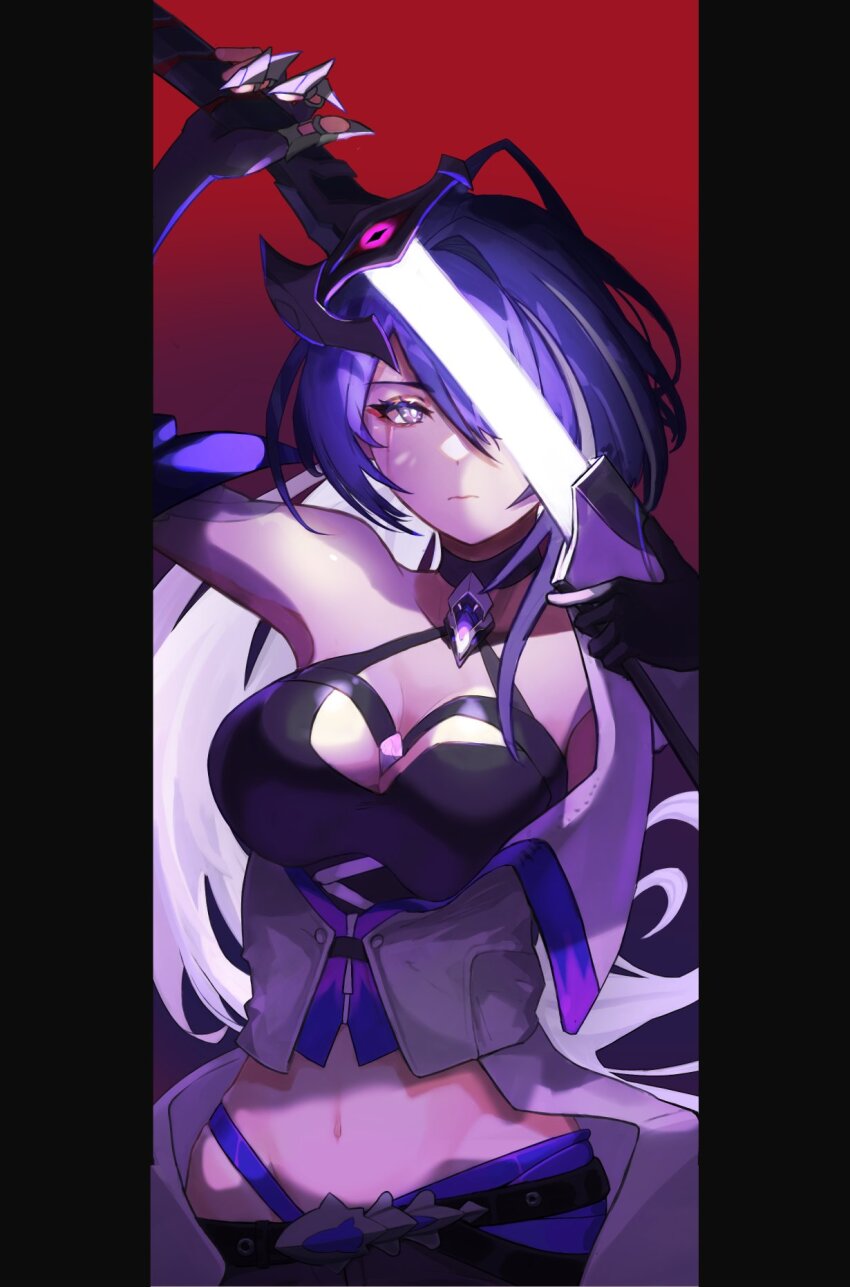 1girl acheron_(honkai:_star_rail) ahoge belt black_belt black_choker black_gloves black_shorts blood bloody_tears breasts bright_pupils choker cleavage closed_mouth coat coattails commentary_request criss-cross_halter eyeliner gloves glowing glowing_sword glowing_weapon hair_intakes hair_over_one_eye halterneck highres holding holding_sword holding_weapon honkai:_star_rail honkai_(series) kanana_no_e large_breasts looking_at_viewer makeup midriff multicolored_hair navel pillarboxed purple_eyes purple_hair red_eyeliner scabbard sheath shorts single_bare_shoulder solo streaked_hair sword unsheathing weapon white_coat white_pupils