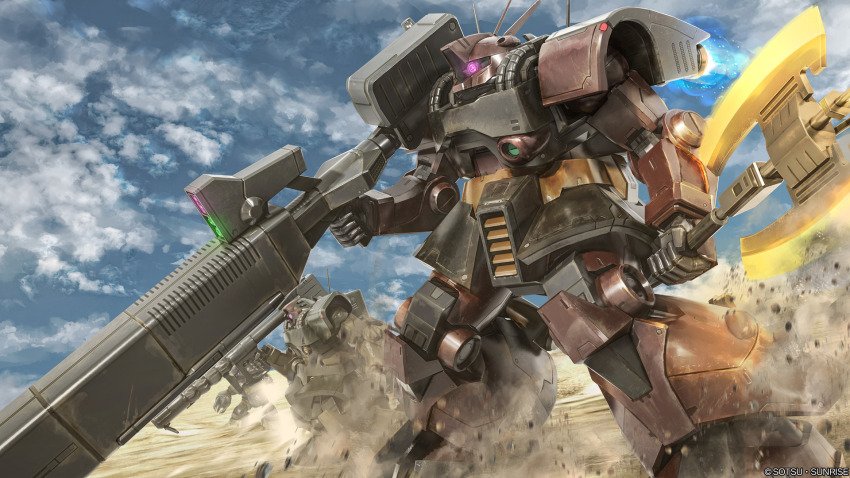 acguy artist_request asymmetrical_dual_wielding bazooka_(gundam) beam_cannon cable cloud cloudy_sky copyright_logo debris desert dirty dom_(mobile_suit) dual_wielding dust_cloud dwadge_custom energy_gun glowing gundam gundam_battle_operation_2 gundam_zz heat_hawk highres holding holding_weapon machinery mecha mecha_focus mobile_suit neo_zeon official_art one-eyed pink_eyes radio_antenna realistic robot science_fiction sky sunrise_(company) thrusters weapon when_you_see_it
