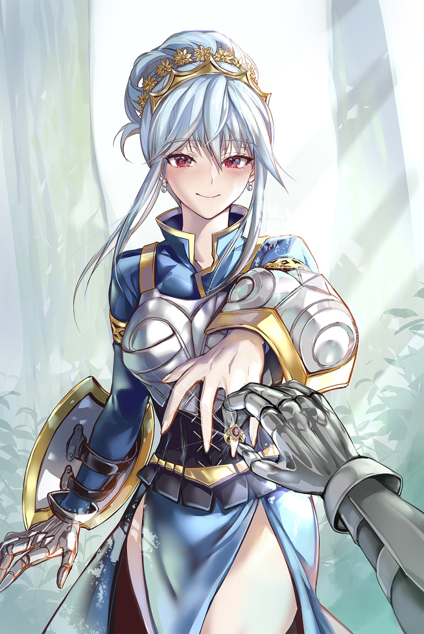 1girl alain_(unicorn_overlord) arm_shield armor armored_dress blue_dress blue_hair blush braid braided_bun breastplate buckler clasp commentary_request crown dress earrings eyelashes gauntlets hair_between_eyes hair_bun hairband happy highres jewelry light_blue_hair long_hair looking_at_viewer marriage_proposal mintes pov pov_hands red_eyes ring shield smile solo_focus thighs tree unicorn_overlord virginia_(unicorn_overlord) warrior