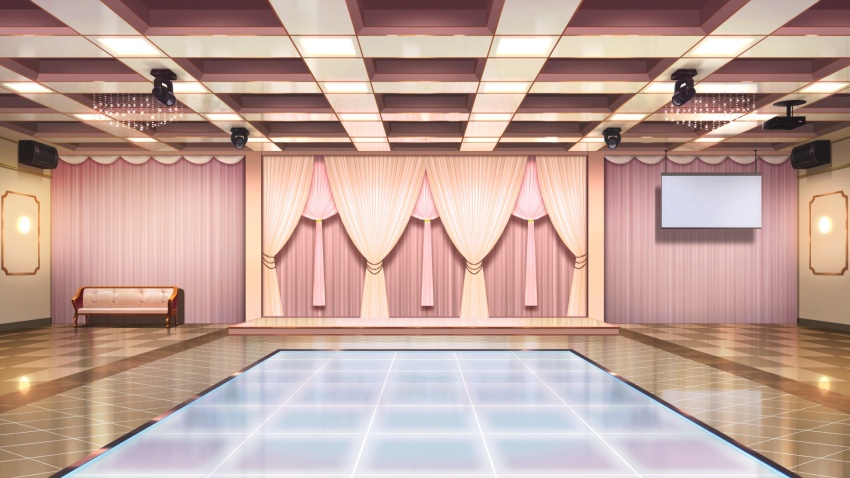 ceiling_light couch curtains dance_floor highres indoors mirror monitor no_humans non-web_source official_art our_life:_beginnings_and_always reflective_floor scenery tile_floor tiles variant_set