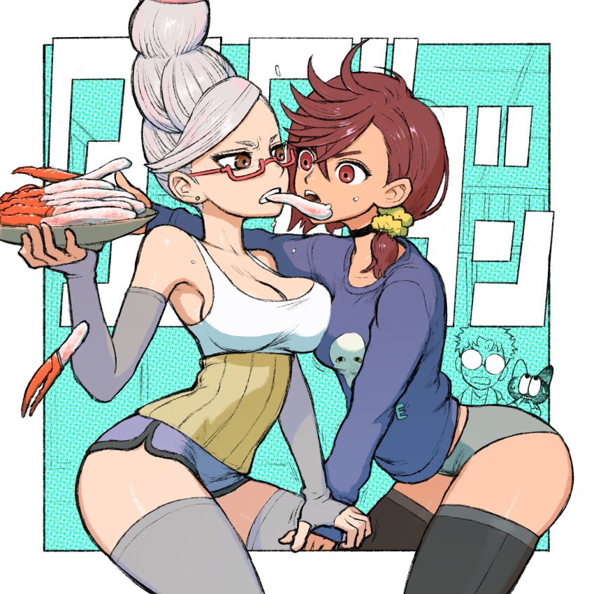 1boy 2girls ayase_momo ayase_seiko black_thighhighs breasts brown_eyes brown_hair cleavage clenched_teeth cowboy_shot dandadan dattosan earrings eating eye_contact fingerless_gloves food glasses gloves grandma grandmother_and_granddaughter grey_thighhighs hashtag-only_commentary highres jewelry long_hair looking_at_another low_ponytail medium_hair multiple_girls open_mouth ponytail short_ponytail takakura_ken_(dandadan) teeth thighhighs thighs white_hair