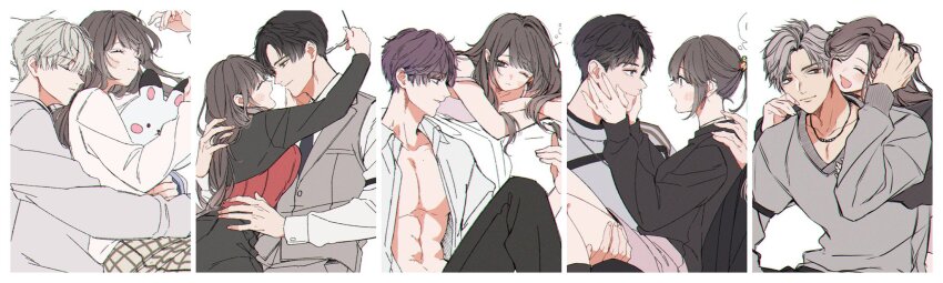 1girl 5boys abs black_hair black_necktie black_pantyhose black_shirt border breasts caleb_(love_and_deepspace) carrying closed_eyes closed_mouth collared_shirt grey_hair grey_hoodie grey_pants grey_sweater grey_vest hair_between_eyes hand_in_another&#039;s_hair hands_on_another&#039;s_cheeks hands_on_another&#039;s_face highres holding holding_removed_eyewear hood hoodie jacket jewelry long_hair long_sleeves looking_at_another love_and_deepspace medium_breasts mmmuimuimui multiple_boys necklace necktie one_eye_closed open_clothes open_mouth open_shirt pants pantyhose parted_bangs parted_lips pectorals pink_skirt plaid_clothes plaid_skirt ponytail princess_carry protagonist_(love_and_deepspace) purple_hair rafayel_(love_and_deepspace) red_shirt shirt short_hair short_sleeves skirt smile stuffed_animal stuffed_rabbit stuffed_toy sweater sylus_(love_and_deepspace) unworn_eyewear upper_body vest waistcoat white_background white_border white_jacket xavier_(love_and_deepspace) zayne_(love_and_deepspace)