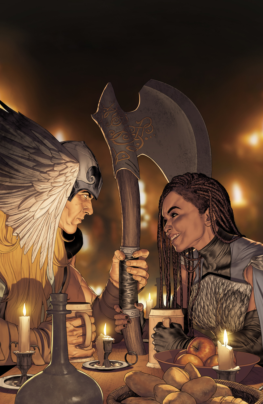 1boy 1girl apple axe black_gloves bowl brown_hair candle cup dreadlocks feathered_helmet feathers food fruit gloves helmet highres holding holding_axe holding_cup long_hair looking_at_another marvel mattia_de_iulis runa_(marvel) white_feathers