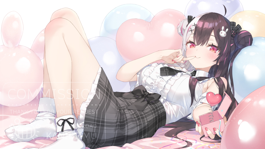 1girl balloon bare_shoulders black_hair box breasts center_frills closed_mouth commentary_request commission double_bun english_text frilled_skirt frills grey_hair grey_skirt hair_bun hair_ornament heart heart_balloon highres holding holding_box kani_biimu knees_up lying medium_breasts multicolored_hair nail_polish nijisanji no_shoes on_back pink_hair plaid_clothes plaid_skirt rabbit_hair_ornament red_nails shirt simple_background skeb_commission skirt sleeveless sleeveless_shirt smile socks solo streaked_hair two-tone_hair virtual_youtuber watermark white_background white_shirt white_socks yorumi_rena yorumi_rena_(11th_costume)