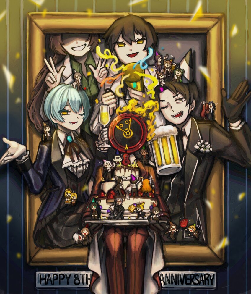 &gt;_&lt; 1other 6+boys 6+girls angela_(project_moon) ayin_(project_moon) binah_(project_moon) black_eyes black_gloves black_hair black_jacket blue_coat cake carmen_(project_moon) charon_(project_moon) chesed_(project_moon) clock coat commentary_request confetti dante_(limbus_company) don_quixote_(project_moon) double_v faust_(project_moon) fire food gebura_(project_moon) gloves gregor_(project_moon) hand_up heathcliff_(project_moon) highres hod_(project_moon) hokma_(project_moon) holding holding_cake holding_food holding_mini_person hong_lu_(project_moon) ishmael_(project_moon) jacket korean_commentary lapels library_of_ruina limbus_company lobotomy_corporation long_sleeves looking_at_viewer malkuth_(project_moon) meursault_(project_moon) mini_person monocle multiple_boys multiple_girls netzach_(project_moon) notched_lapels nra_3614 object_head open_mouth outis_(project_moon) pants party_popper picture_frame project_moon red_pants rodion_(project_moon) roland_(project_moon) ryoshu_(project_moon) sinclair_(project_moon) smile tiphereth_a_(project_moon) v vergilius_(project_moon) yesod_(project_moon) yi_sang_(project_moon)