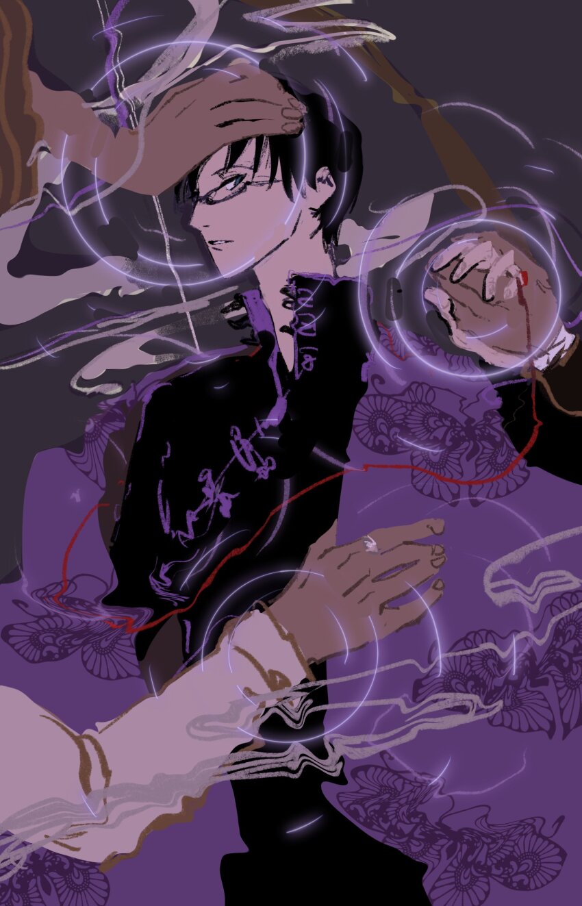 absurdres black_hair black_shirt bug butterfly chinese_clothes commentary_request fengcheche glasses high_collar highres holding_hands insect looking_at_viewer out_of_frame purple_scarf scarf shirt short_hair string watanuki_kimihiro xxxholic