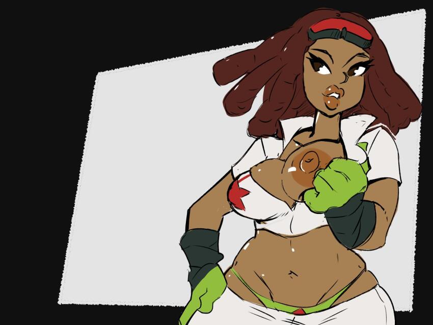 1girl breasts dark-skinned_female dark_skin dreadlocks goggles goggles_on_head highres jet_set_radio large_breasts lipstick makeup navel nipples no_bra panties piranha_(jsr) solo thesquiddycipher underwear