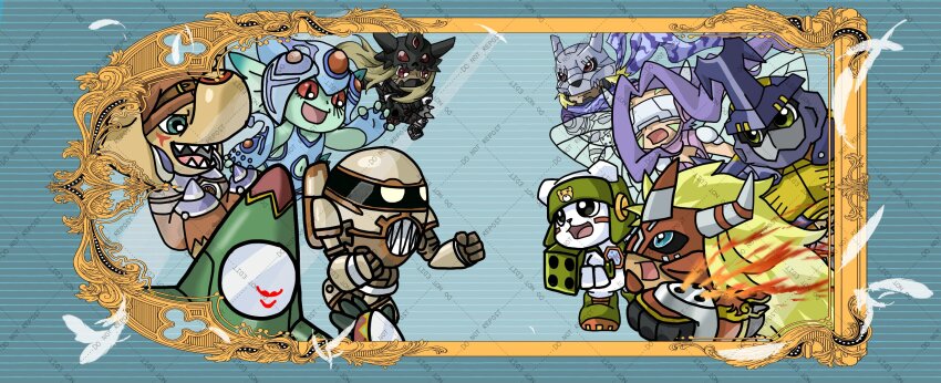 agnimon arbormon blitzmon chackmon digimon digimon_(creature) digimon_frontier duskmon fairimon gloves grottemon head_wings highres long_hair mask mercuremon ranamon wings wolfmon