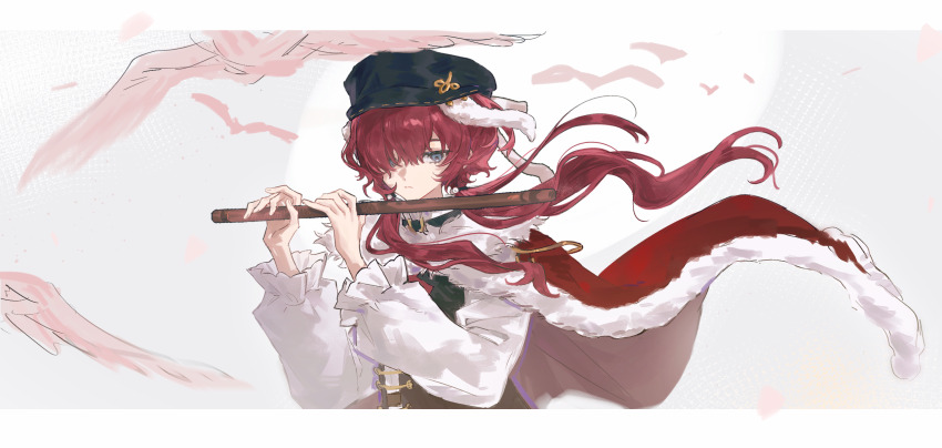 1girl black_hat black_vest blue_eyes cape closed_mouth floating_hair flute fur-trimmed_cape fur_trim grey_background hair_over_one_eye hands_up hat highres holding holding_flute holding_instrument instrument long_sleeves looking_down low_twintails newsboy_cap puffy_long_sleeves puffy_sleeves rang_wo_zai_shui_10_fenzhong red_cape red_hair reverse:1999 shirt simple_bird solo twintails upper_body vest white_shirt wind yenisei_(reverse:1999)