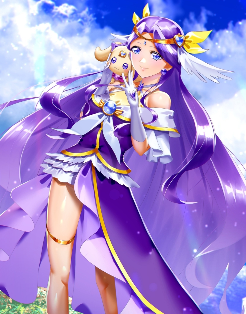 1girl bare_shoulders blue_sky breasts brooch cloud cloudy_sky cure_earth curecycadura day dog dress earrings elbow_gloves eyebrows forehead fuurin_asumi gloves grass halterneck healin&#039;_good_precure healing_animal highres jewelry latte_(precure) lips looking_at_viewer medium_breasts necklace outdoors precure purple_dress purple_eyes purple_hair sky smile standing tiara white_gloves wristband