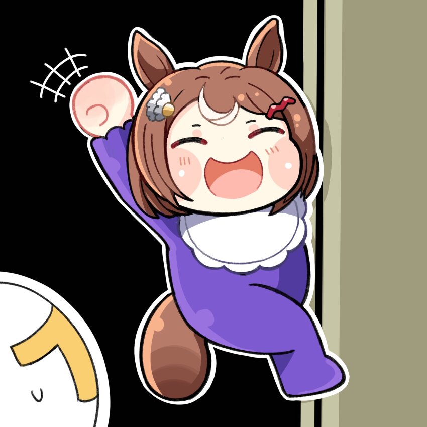 +++ 1girl 1other animal_ears arm_up baby bib blush brown_hair commentary_request full_body hair_ornament hairclip highres horse_ears horse_girl horse_tail onesie open_mouth short_hair smile solo_focus t-head_trainer_(umamusume) tail trainer_(umamusume) true_owl tsurumaru_tsuyoshi_(umamusume) umamusume umamusume_tanuki