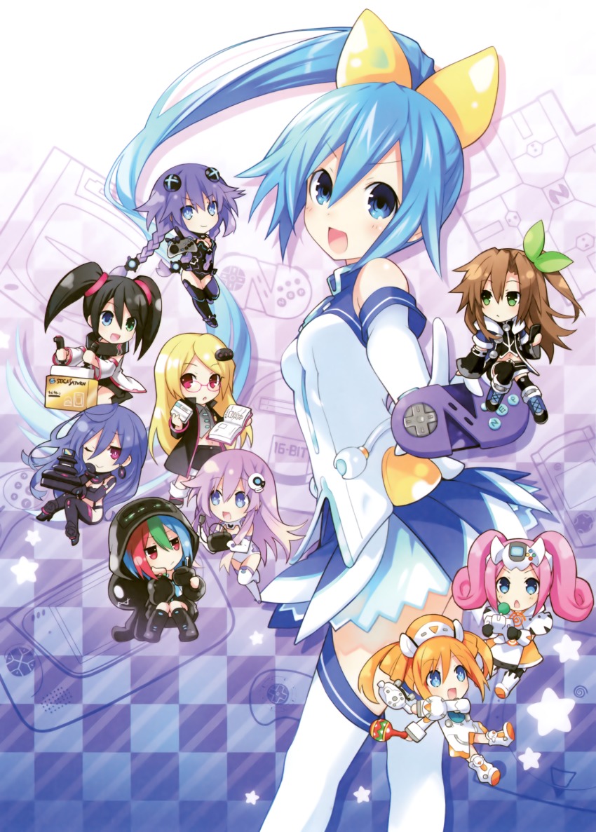 10s 6+girls absurdres bare_shoulders black_hair blonde_hair blue_eyes blue_hair blush bodysuit book boots braid breasts brown_hair chibi choujigen_taisen_neptune_vs_sega_hard_girls cleavage cleavage_cutout clothing_cutout earrings female_focus game_cg gloves green_eyes hair_between_eyes hair_ornament handheld_game_console heterochromia highres holding holding_book huge_filesize if_(neptunia) iris_heart jewelry leotard long_hair medium_breasts multiple_girls nepgear neptune_(neptunia) neptune_(series) official_art open_mouth orange_hair orange_heart_(neptunia) pink_hair ponytail power_symbol power_symbol-shaped_pupils purple_eyes purple_hair purple_heart_(neptunia) purple_sister pururut red_eyes sega_dreamcast_(sega_hard_girls) sega_game_gear_(sega_hard_girls) sega_hard_girls sega_hatsumi sega_mega_drive_(sega_hard_girls) sega_saturn_(sega_hard_girls) simple_background sitting skirt small_breasts smile standing symbol-shaped_pupils tennouboshi_uzume thigh_boots thighhighs thighs tsunako twin_braids twintails very_long_hair zettai_ryouiki